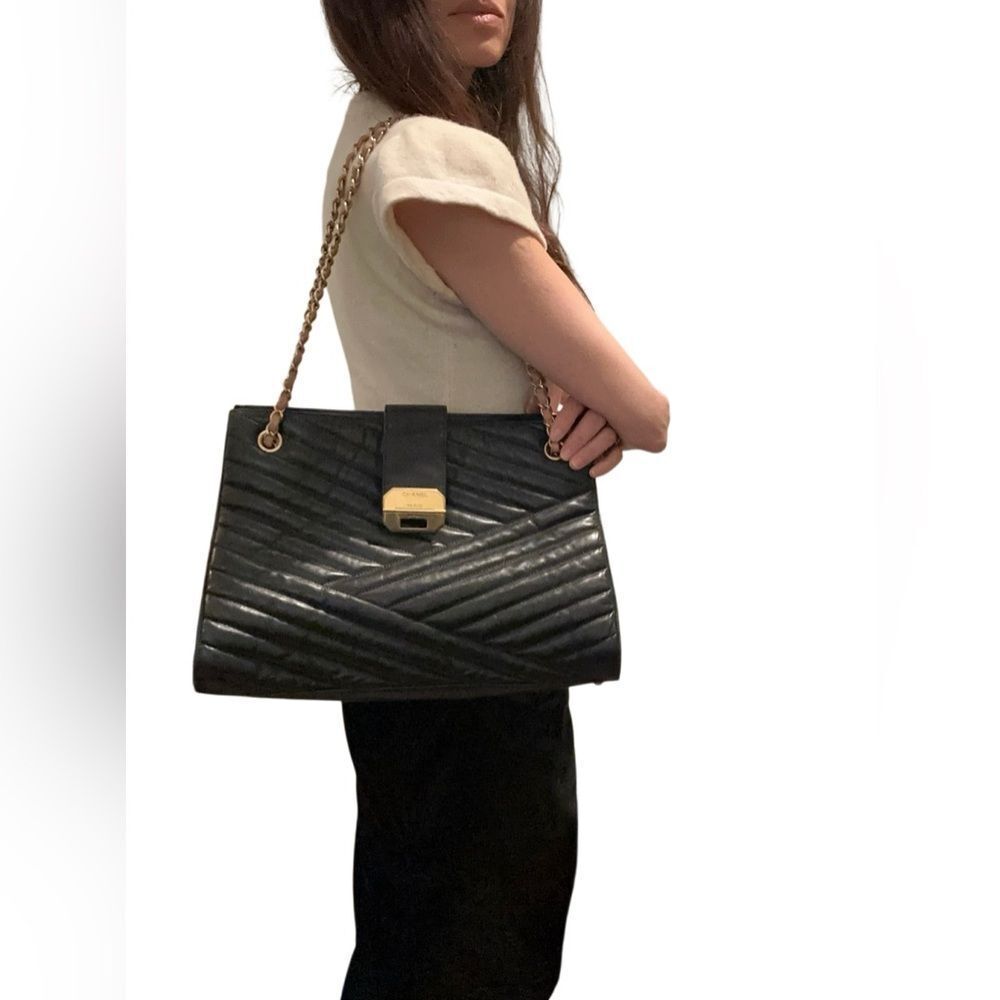 CHANEL Black Quilted Tote with Gold Chain